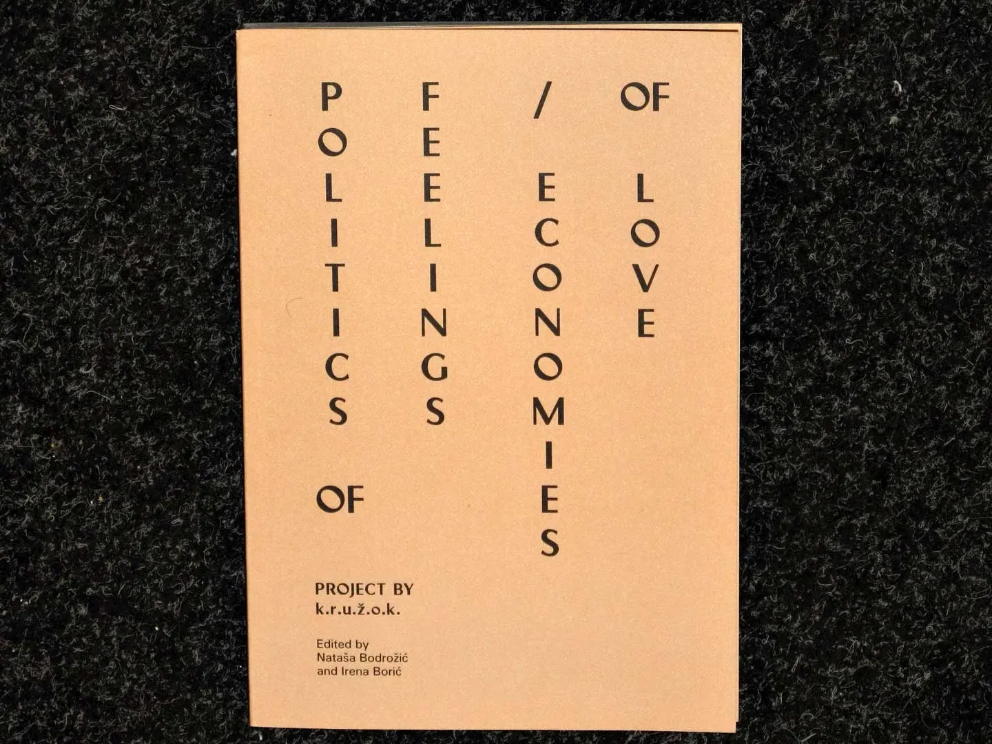 The cover: a salmon-coloured book with the title set in vertical lines of capital letters