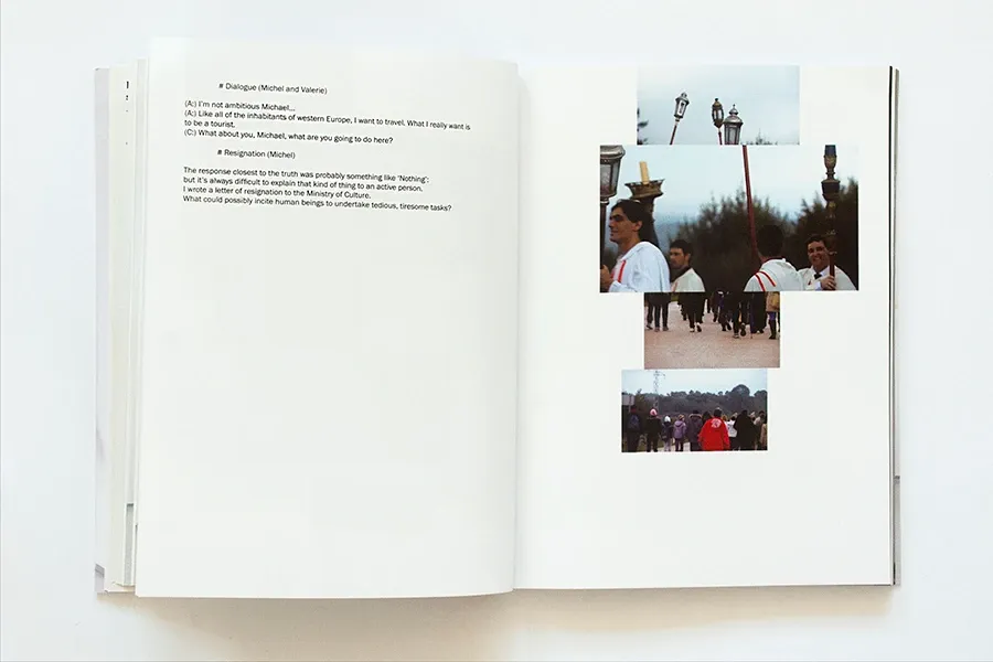 A text spread with a cluster of small colour photographs