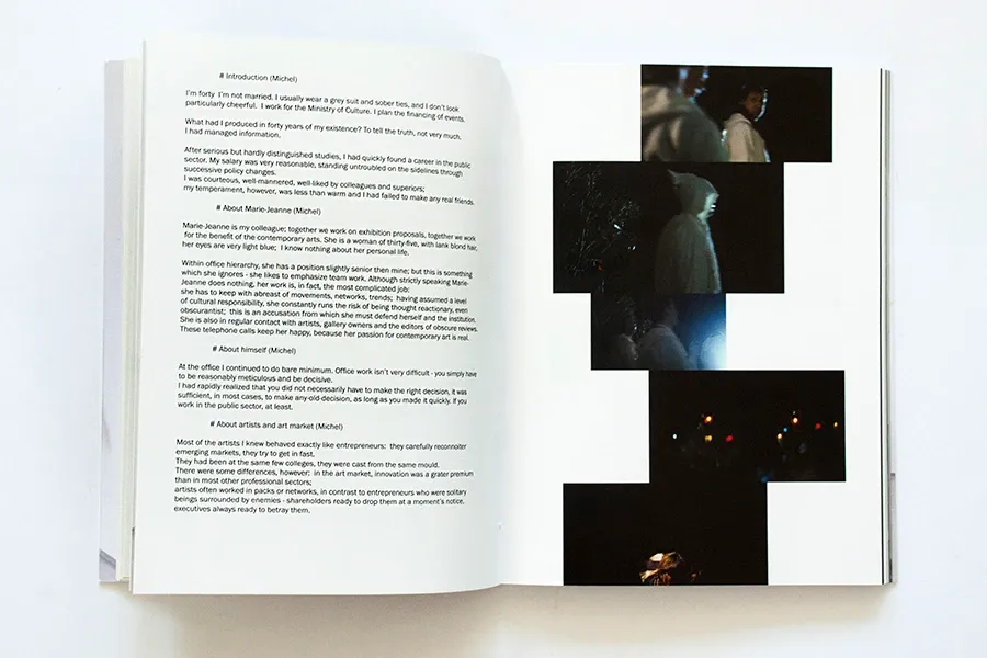 A text spread facing a column of dark video stills