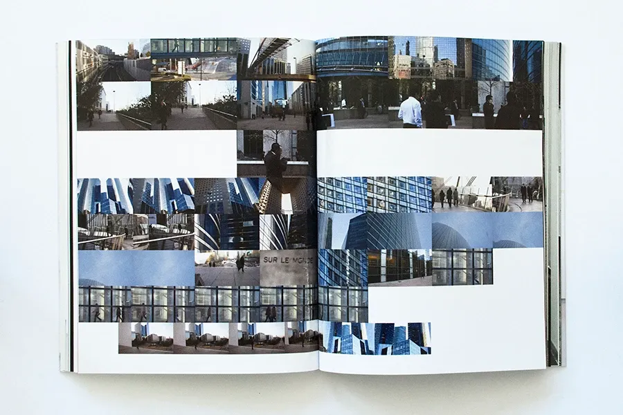 A spread with a grid of colour photographs of office buildings