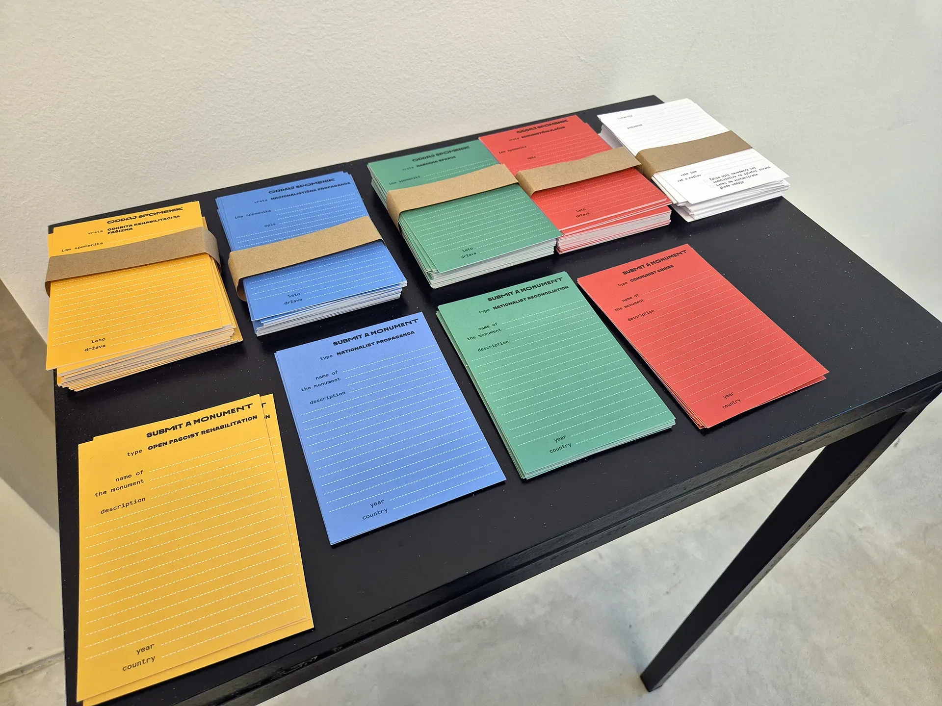 Pads of blank cards in the category colours laid out on a table