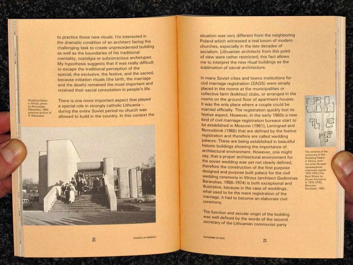 A text spread with photographs of a wedding palace