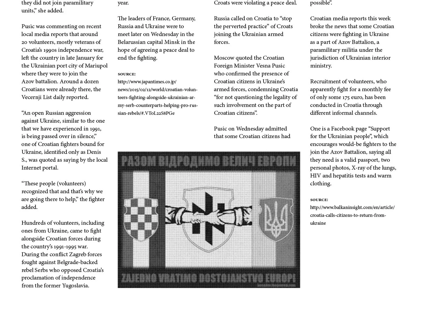 Detail of news articles pasted on monument replica