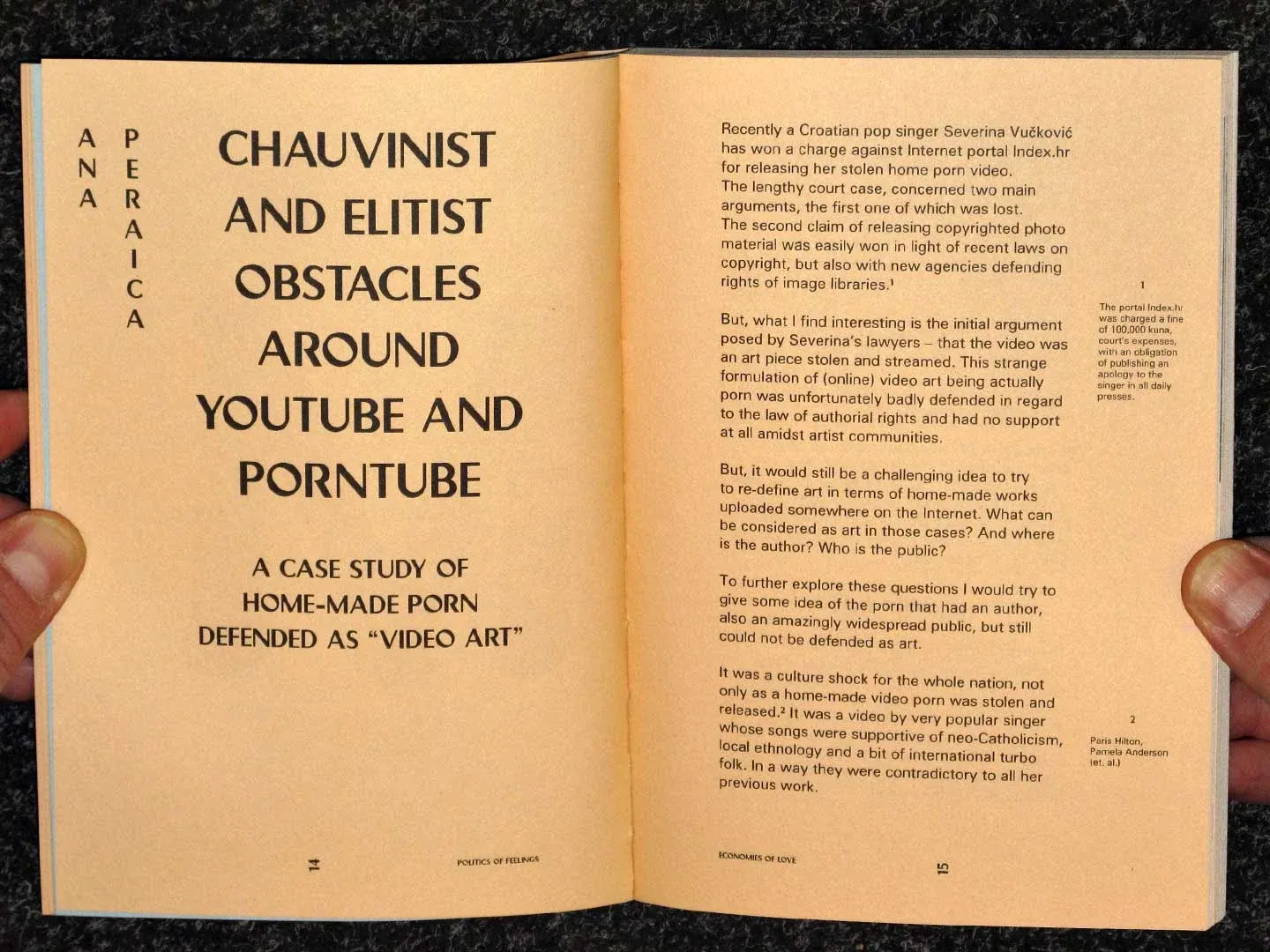 A spread opening the essay "Chauvinist and Elitist Obstacles around YouTube and PornTube" by Ana Peraica