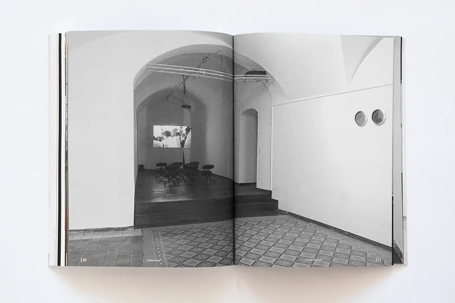 A black-and-white installation view of the gallery