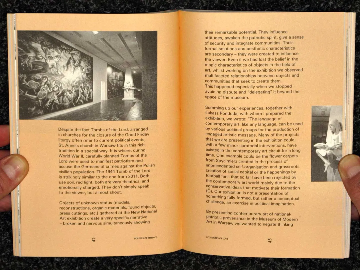 A text spread with a black-and-white photograph of an exhibition
